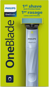 PHILIPS OneBlade First Shave frontal mostrando el diseño y control ergonómico