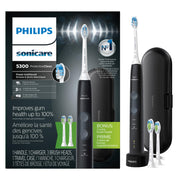 Philips Sonicare 5300 front view showing sleek black handle and benefits
