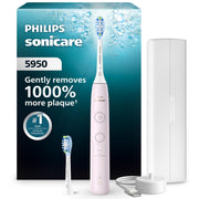 Philips Sonicare 5950 front view showing pink handle and included brush heads for confident cleaning