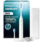 Philips Sonicare 5950 front view showing sleek white handle and brush head, highlighting premium design and comfort