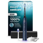 Philips Sonicare 6500 vista frontal azul marino mostrando el mango y base, limpieza eficiente