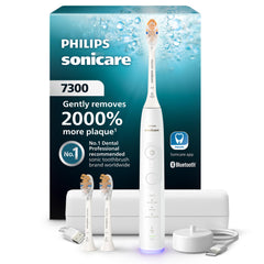 Philips Sonicare 7300 front view showing sleek white handle and brush for powerful clean