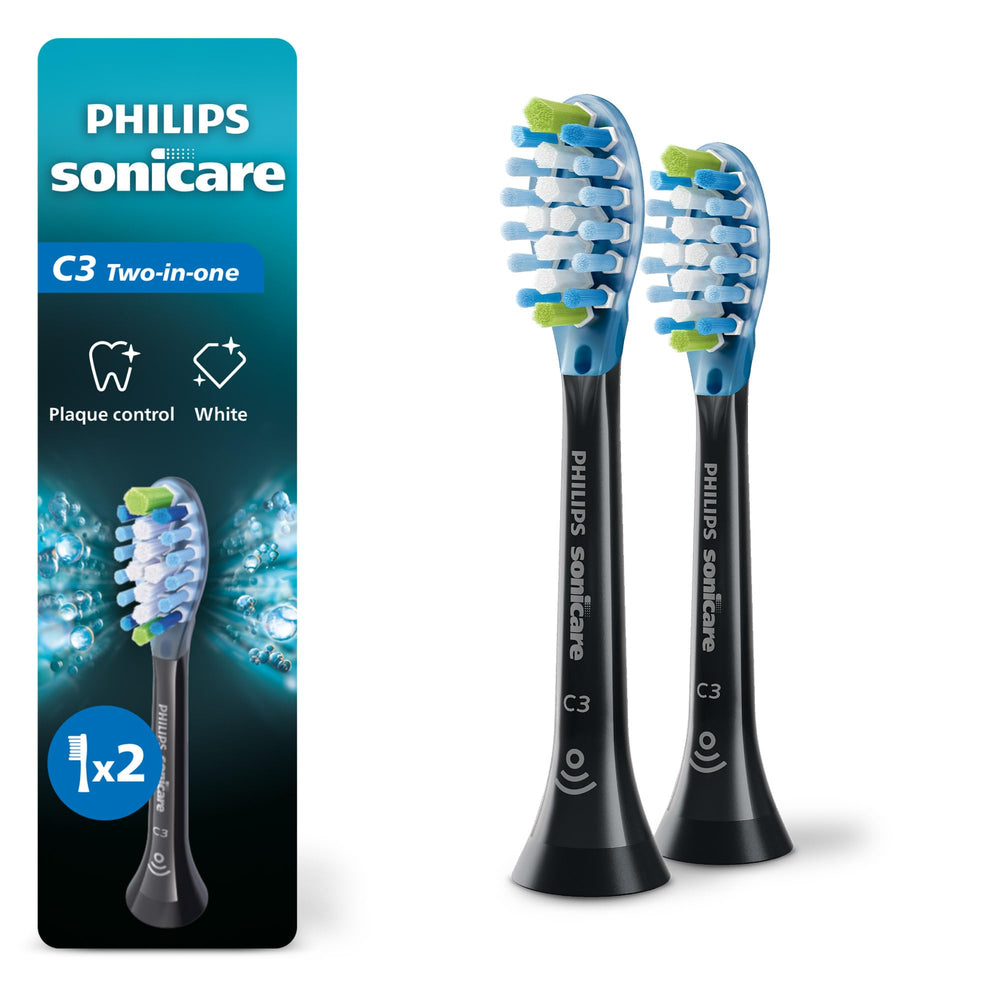 Philips Sonicare cabezal C3 frontal en paquete negro mostrando dos unidades y beneficio limpieza profunda