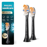 Philips Sonicare front packaging showing two black A3 heads and benefits