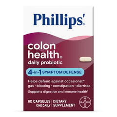 Phillips' envase frontal mostrando 60 cápsulas y beneficios