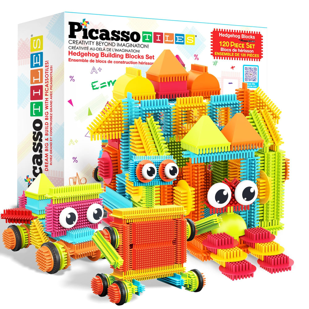PicassoTiles paquete frontal PTB120 mostrando piezas y colores, promueve juego creativo