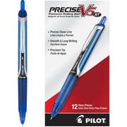 PILOT Precise V5 RT frontal paquete mostrando 12 bolígrafos azules utilidad inmediata