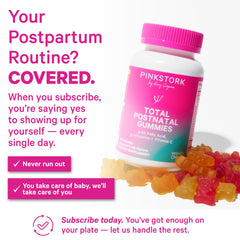 Pink Stork gummies in a diaper bag for on-the-go postpartum convenience