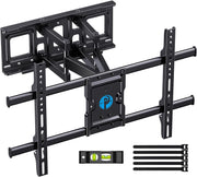 Pipishell front view of full motion TV mount packaging showing durable design benefits