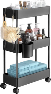Pipishell front view of slim three-tier cart showing compact storage benefit