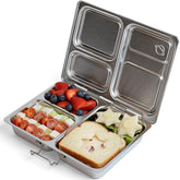 PlanetBox front view of brushed stainless tray showing compartments and durability