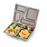 PlanetBox Rover front view showing sleek stainless steel and secure latch benefit durable storage
