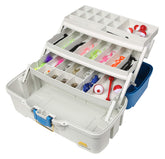 Plano tackle box open showing three cantilever trays and organized compartments for quick access