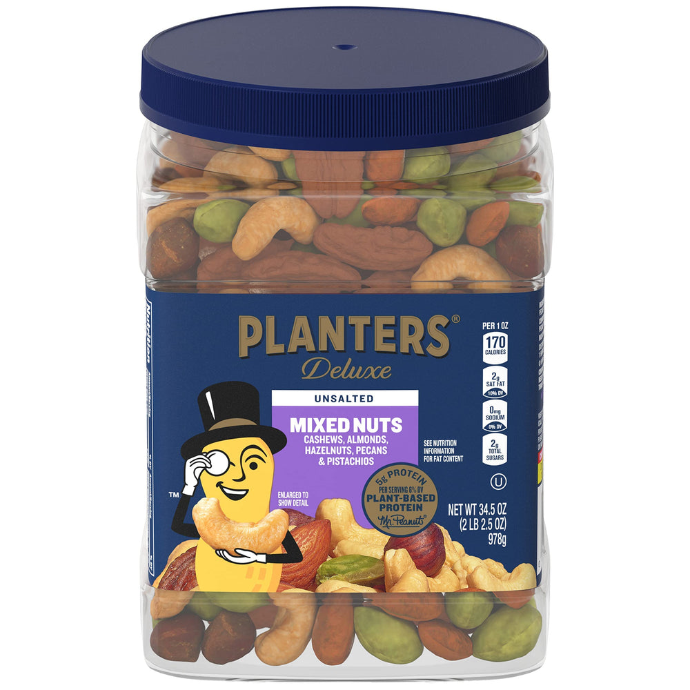 PLANTERS envase frontal 34.5 oz mostrando mezcla sin sal y diseño resellable