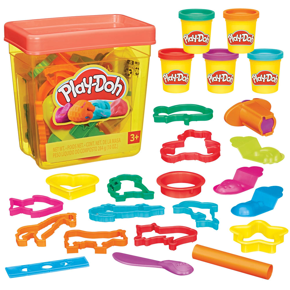 Play‑Doh vista frontal del contenedor con tapa, organización práctica