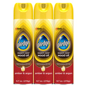 Pledge frasco frontal mostrando tamaño y aroma ámbar y argán, realza muebles