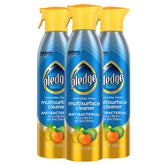 Pledge vista frontal del pack de tres botellas con aroma cítrico, limpieza práctica