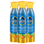 Pledge vista frontal del pack de tres botellas con aroma cítrico, limpieza práctica