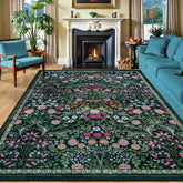 PLHXFR front view of dark green floral rug showing pattern and benefit of room anchoring