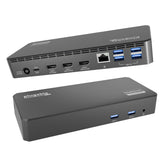 Plugable front view of docking station showing ports and compact design for workspace efficiency