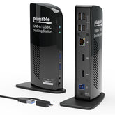 Plugable UD-3900 frente y empaque mostrando conectividad y beneficios