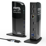 Plugable UD-3900 frente y empaque mostrando conectividad y beneficios