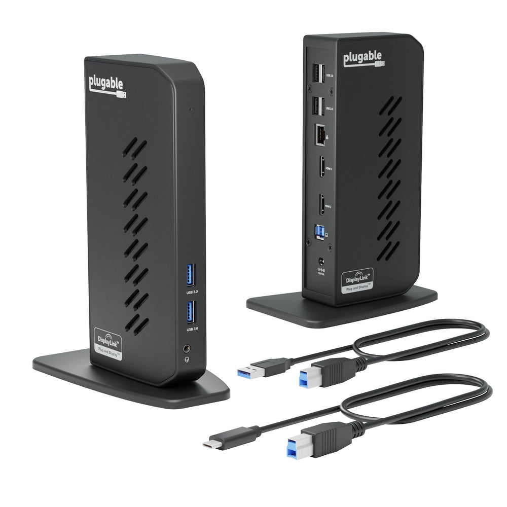 Plugable UD-3900Z front view showing ports and compact design, improving desk organization