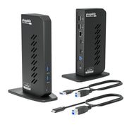 Plugable UD-3900Z front view showing ports and compact design, improving desk organization