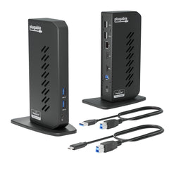 Plugable UD-3900Z front view showing ports and compact design, improving desk organization