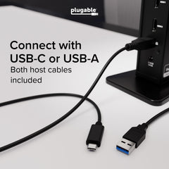 Plugable included USB-C and USB-A host cables showing compatibility with older and new laptops