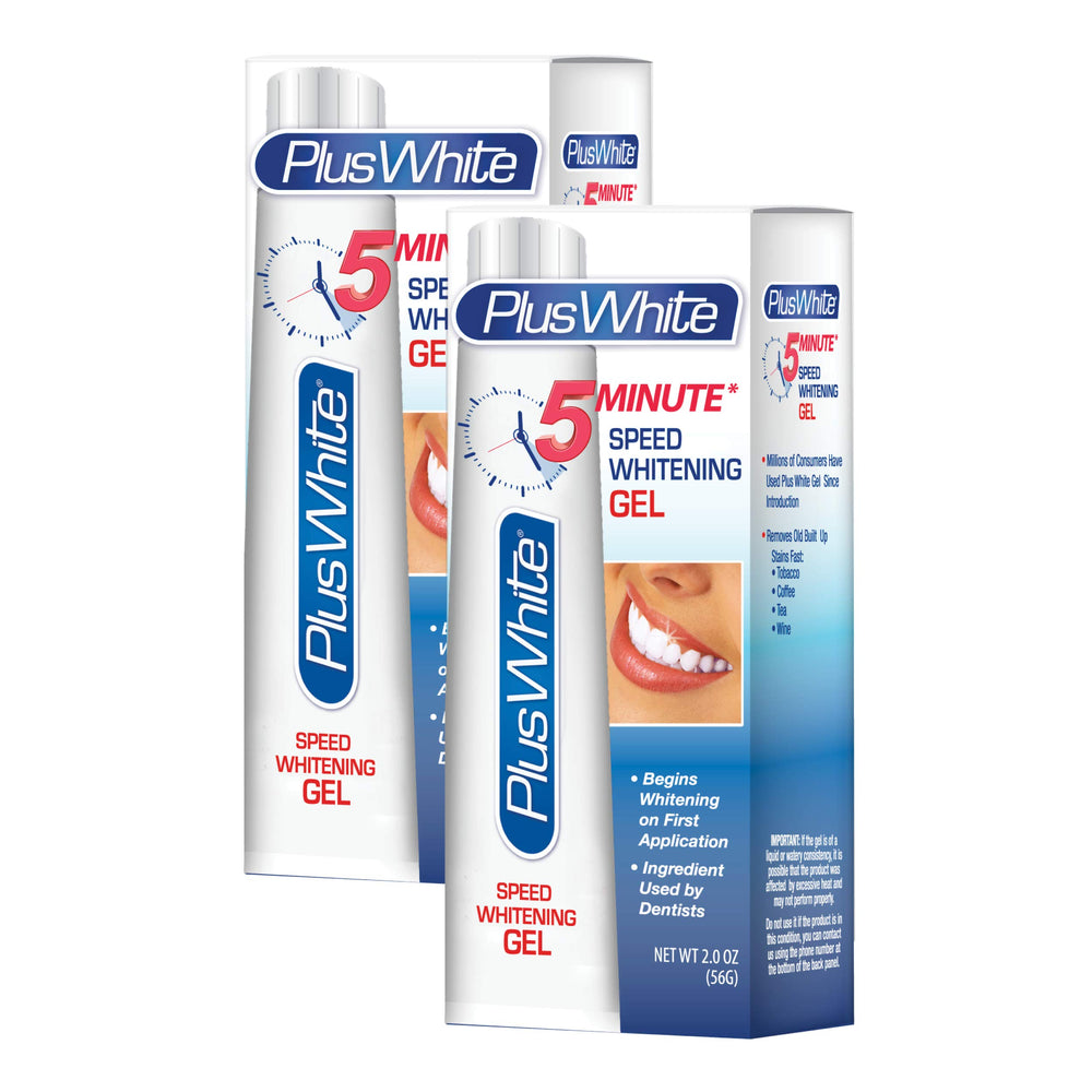 Plus White front packaging showing two-tube pack and quick whitening benefit