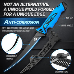 PLUSINNO knife blade close-up showing corrosion-resistant coating and sharpness benefit