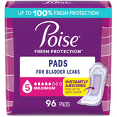Poise 5 Drop front packaging showing a 96 count and absorbency benefits