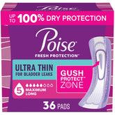Poise almohadilla frontal del empaque mostrando el conteo y beneficio discreto