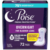 Poise empaque frontal mostrando 72 almohadillas y protección nocturna
