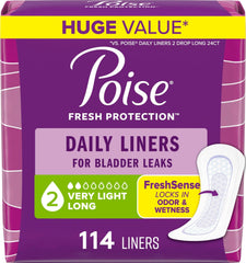 Poise empaque frontal 114 liners mostrando cantidad y formato cómodo