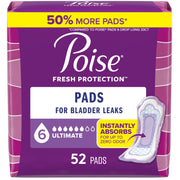 Poise frente del empaque mostrando 52 almohadillas y beneficio de protección