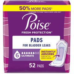 Poise frente del empaque mostrando 52 almohadillas y beneficio de protección