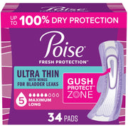 Poise empaque frontal 34 unidades mostrando absorción máxima y tamaño largo