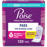Poise paquete frontal mostrando 120 compresas y beneficio de protección prolongada