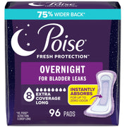 Poise empaque frontal 96 unidades mostrando protección nocturna