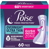 Poise front packaging long 60ct showing product and benefits for overnight protection