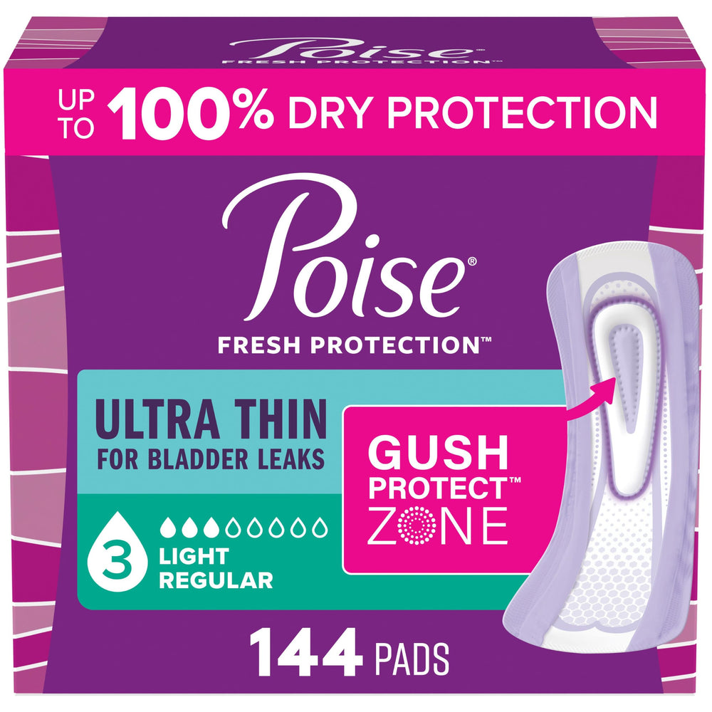 Poise front packaging showing count and light protection benefit