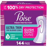 Poise front packaging showing count and light protection benefit