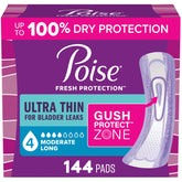Poise front packaging showing long 4 Drop pads and 144 count benefit