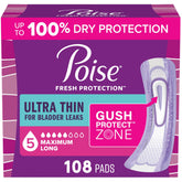 Poise paquete frontal mostrando 108 almohadillas y conveniencia diaria