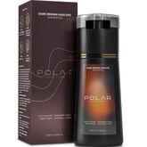 Envase frontal de POLAR HAIR CARE mostrando el shampoo tinte marrón oscuro y su beneficio de aplicación rápida