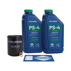 Polaris PS-4 5W-50 oil quart close-up showing pour spout and clear label benefits