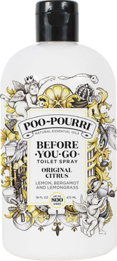 Poo-Pourri front packaging shows 16 oz refill and citrus label, convenient restock