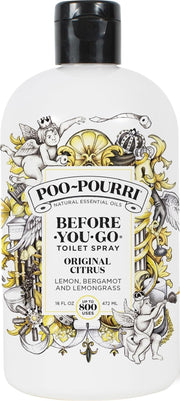 Poo-Pourri front packaging shows 16 oz refill and citrus label, convenient restock